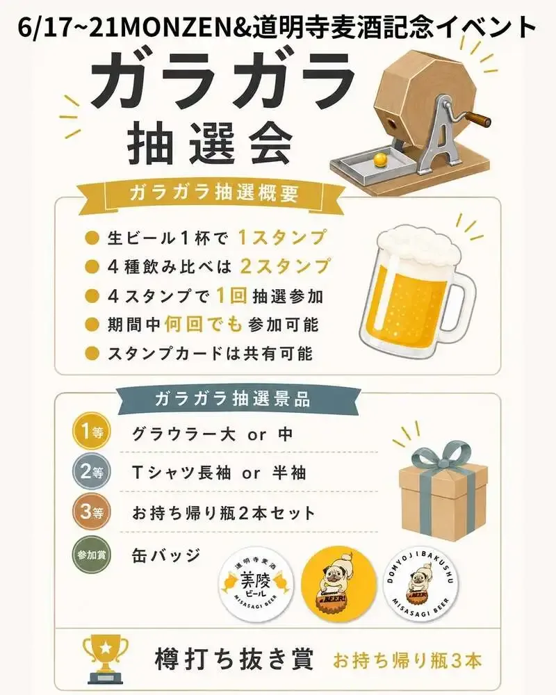 道明寺麦酒、築100年のMONZENと4周年を記念した抽選企画を開始