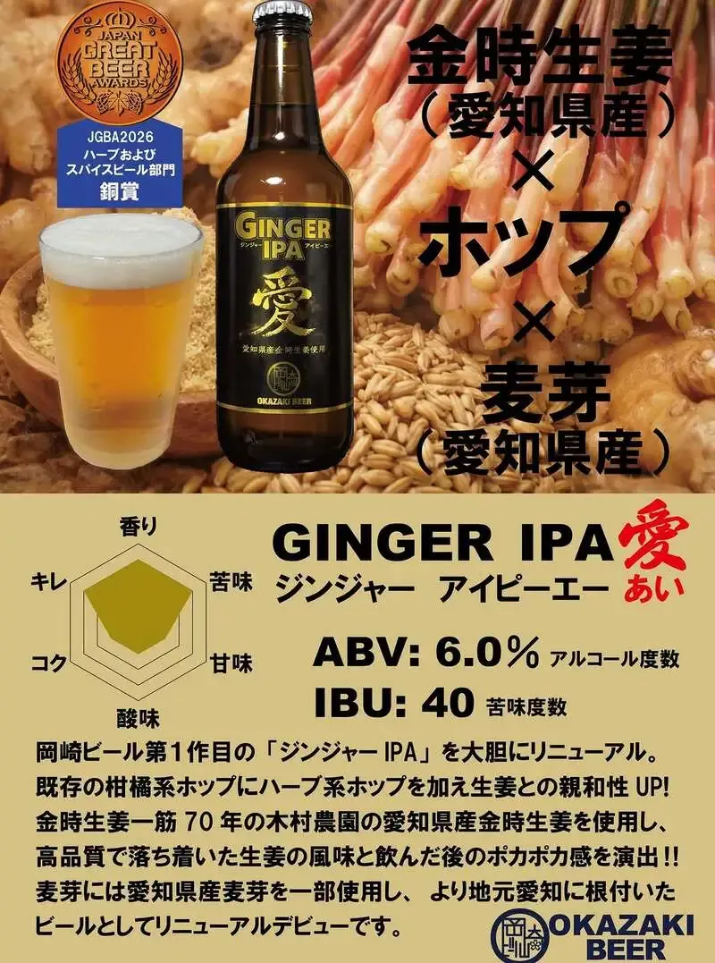 岡崎ビール「ジンジャーIPA愛」発売中、2026年銅賞を報告