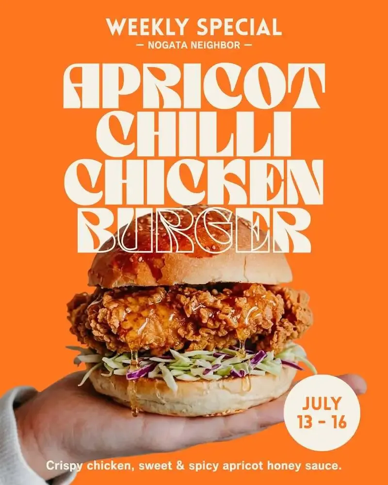 NEIGHBOR to serve Apricot Chilli Chicken Burger from July 13-16, with eight beers on tap