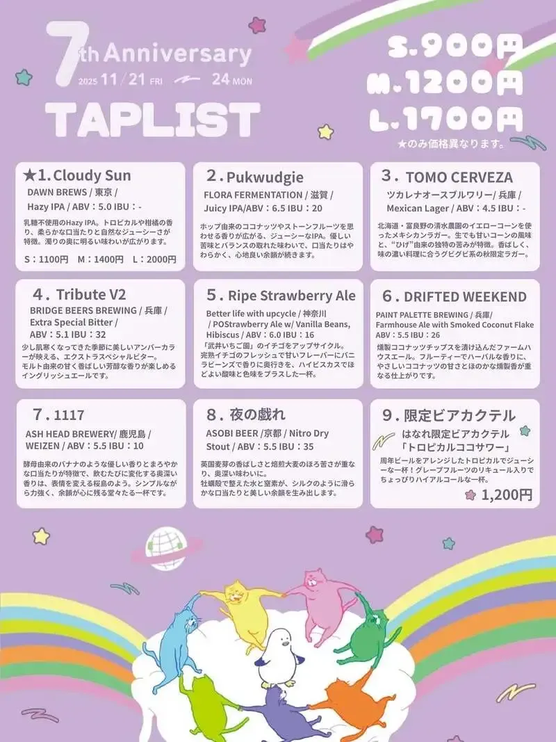 スタンドうみねこ はなれ、7周年最終日に8種ビールを提供