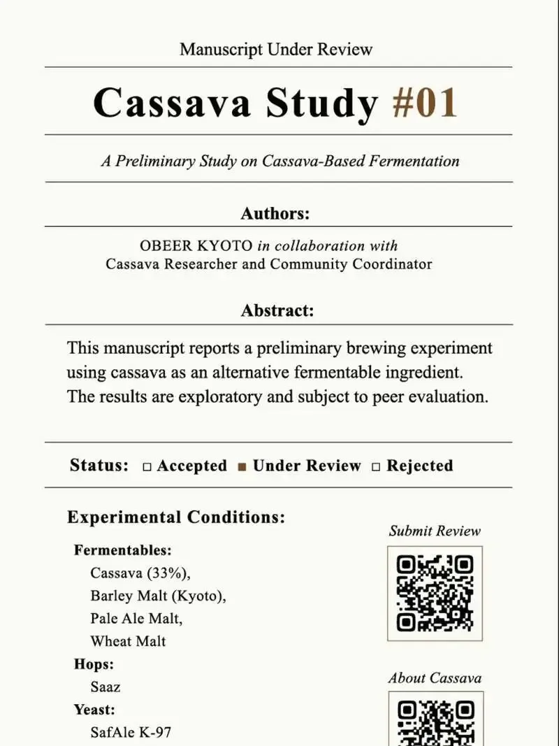 オービア、京都産キャッサバ使用の実験ビール「Cassava Study #01」を発売