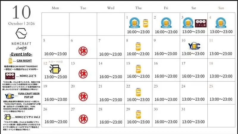 Nomcraft十三タップルーム、10月前半に3つのビールイベントを開催