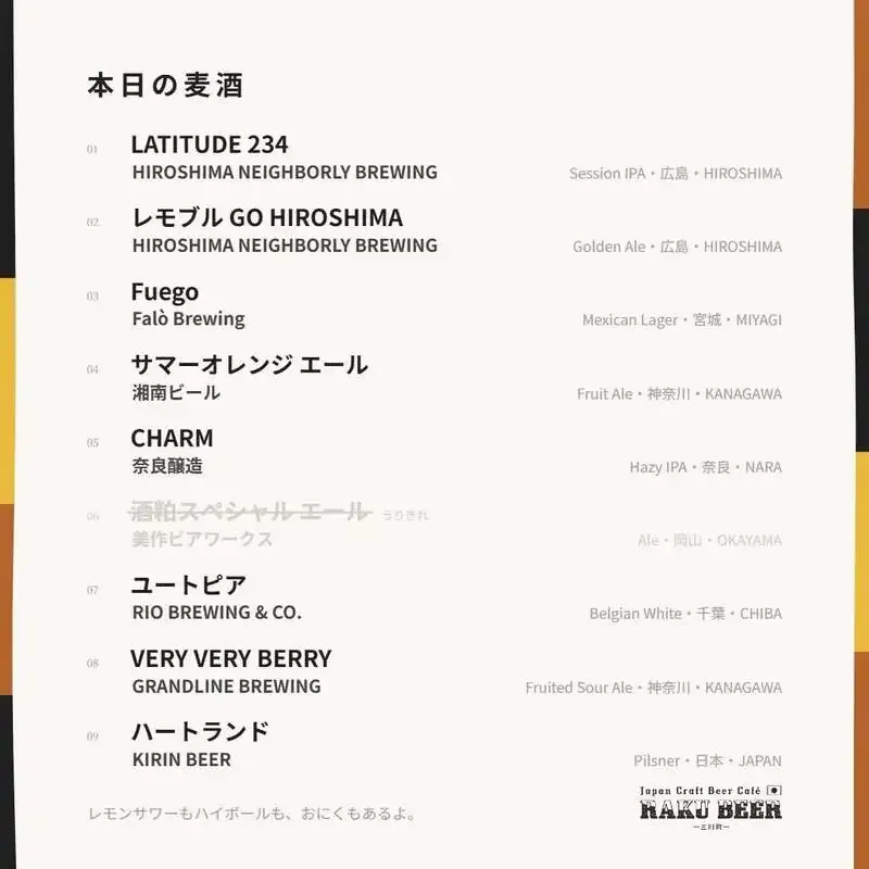 RAKU BEERが8月27日のタップリスト公開　広島NEIGHBORLY BREWINGなど9銘柄