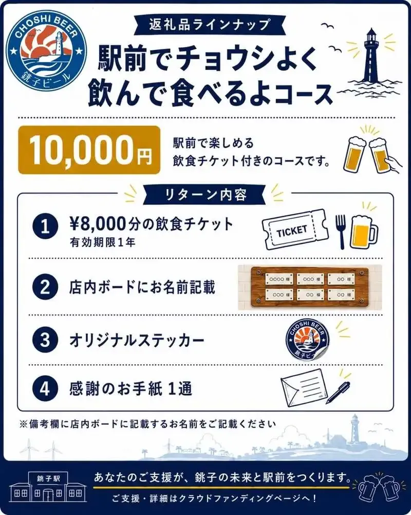 銚子ビール、銚子駅前新店舗のクラウドファンディング支援コースを案内