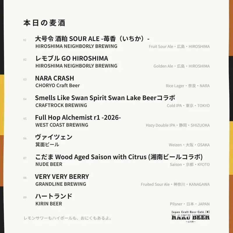 広島・三川町のRAKU BEER、8月8日のタップにHNBやWCBなど9銘柄